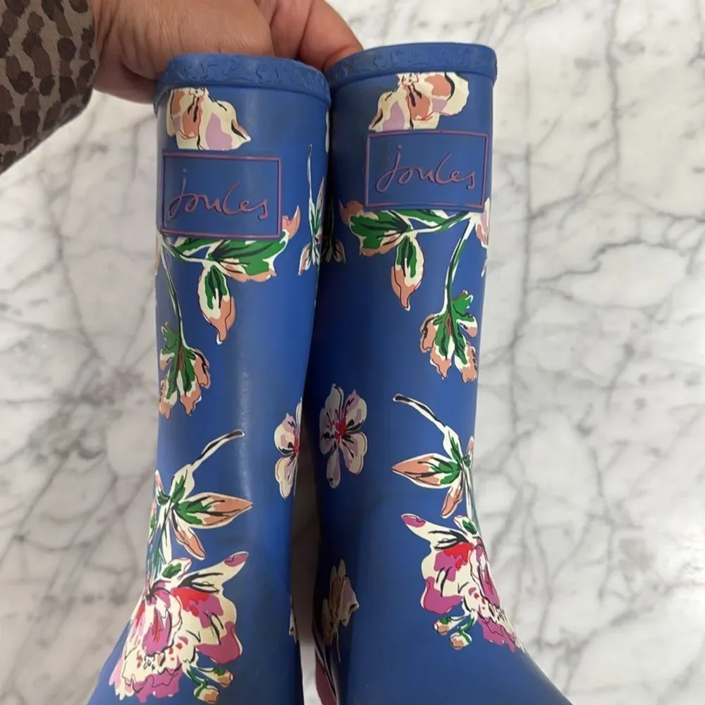 Joules Roll Up Blue Floral Wellingtons Rain boots Sz 3 Junior
